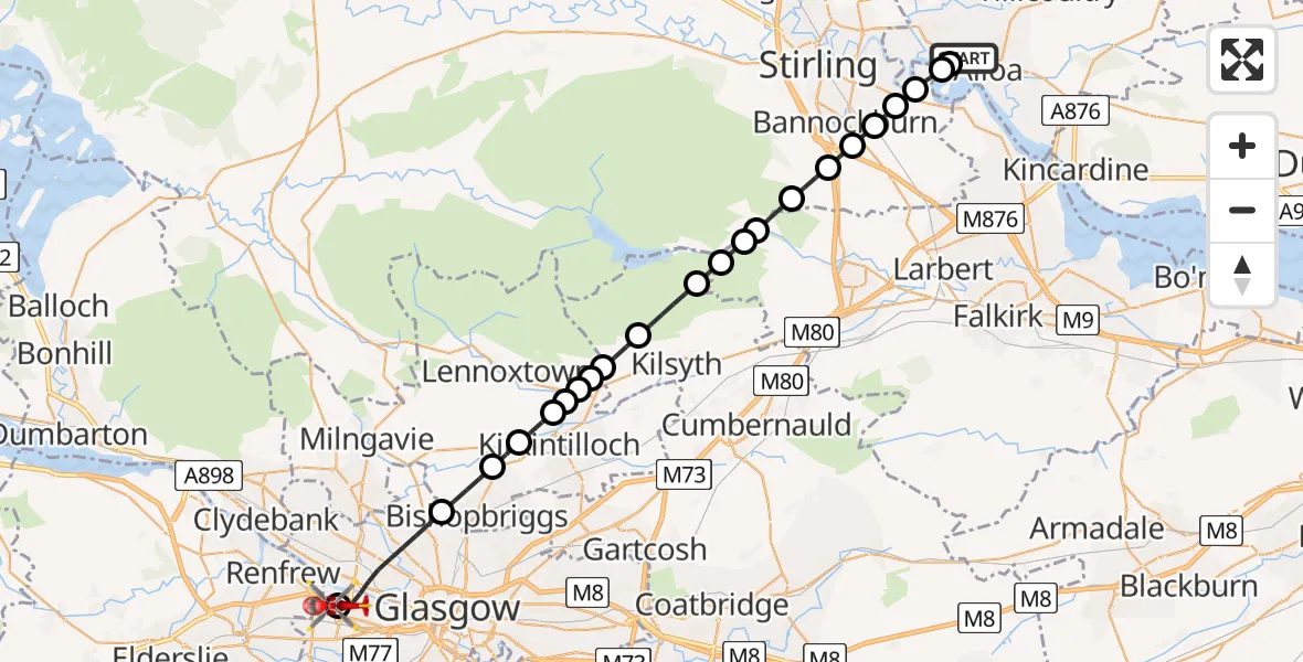 Flight route Air Ambulance Helicopter Alloa - Queen Elizabeth Hospital, 24 May 2026, 19:41