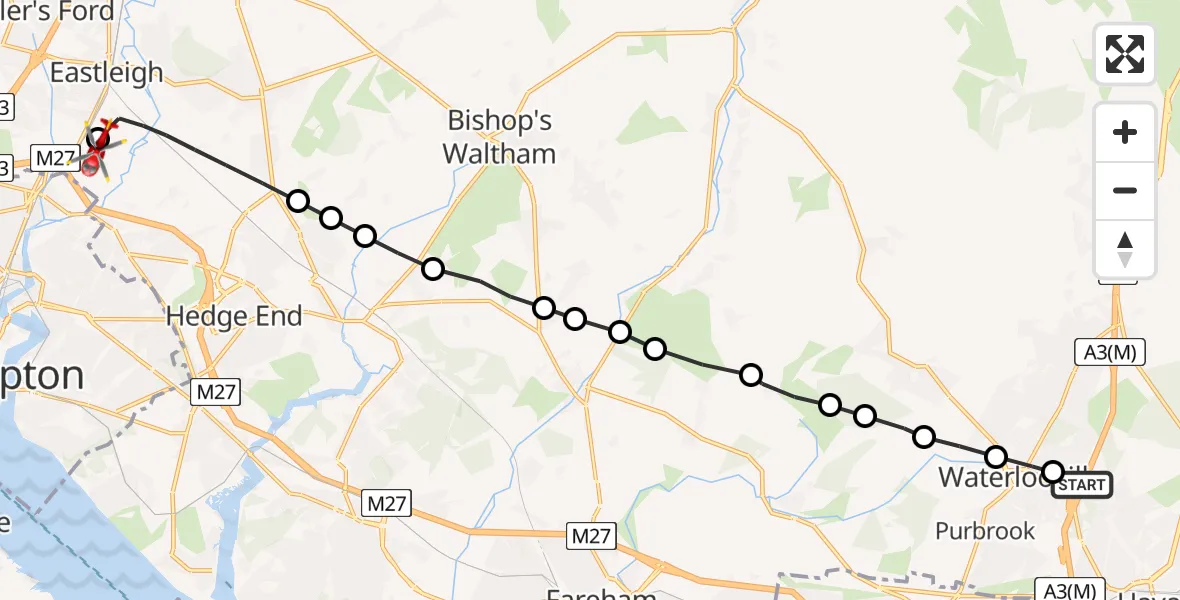 Flight route Air Ambulance Helicopter Havant - Southampton Airport, 24 May 2026, 19:42
