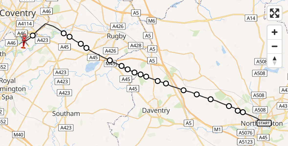 Flight route Air Ambulance Helicopter Northampton - Green Lane, 24 May 2026, 19:43
