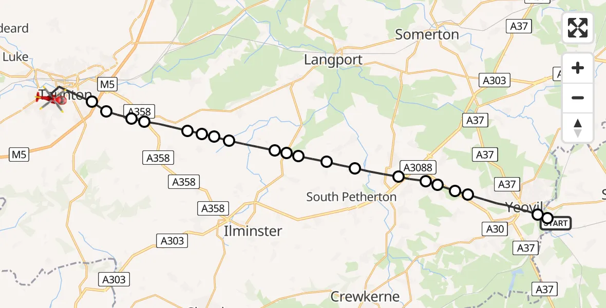 Flight route Air Ambulance Helicopter Bradford Abbas - Musgrove Hospital, 24 May 2026, 19:45