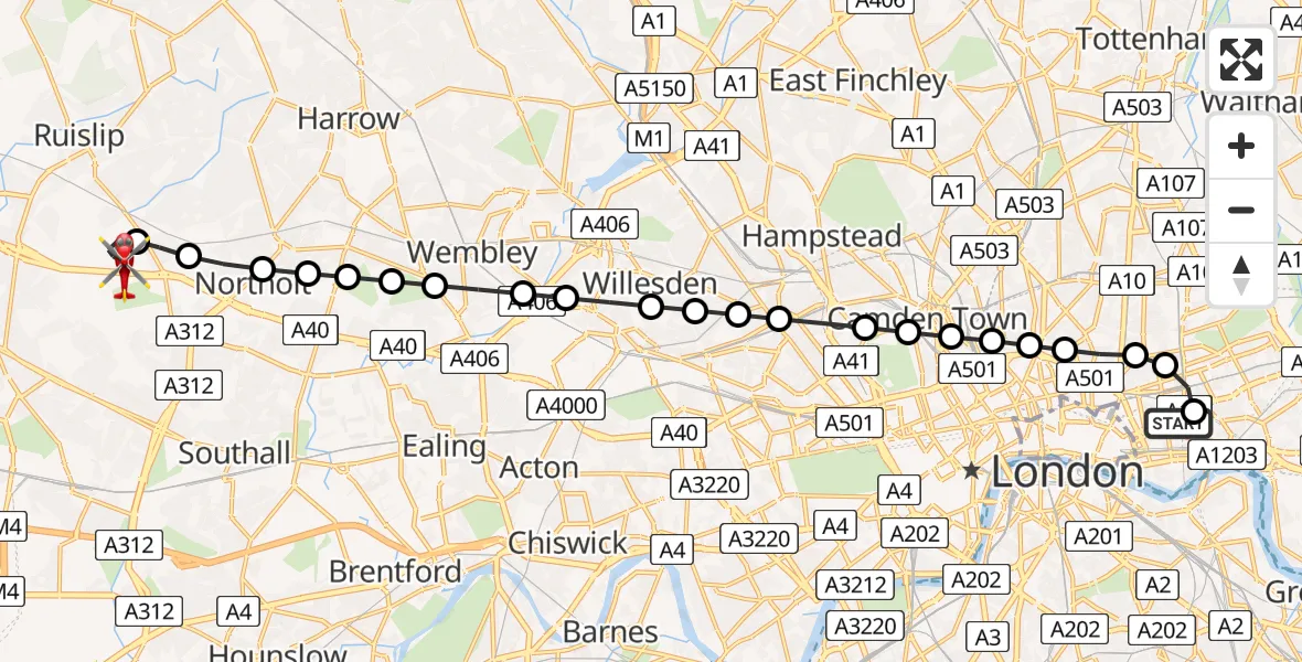 Flight route Air Ambulance Helicopter Royal London Hospital - RAF Northolt, 24 May 2026, 20:02