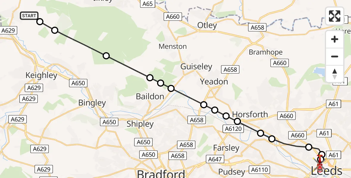 Flight route Air Ambulance Helicopter Silsden - Woodhouse, 24 May 2026, 20:03