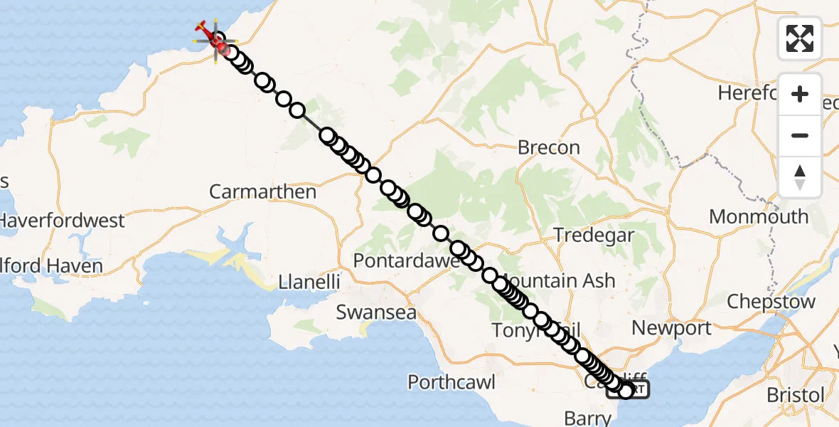 Flight route Air Ambulance Helicopter Cardiff Heliport - Llangrannog, 24 May 2026, 20:11