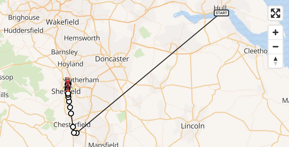 Flight route Air Ambulance Helicopter North Sea - Sheffield Northern Hospital, 24 May 2026, 20:15