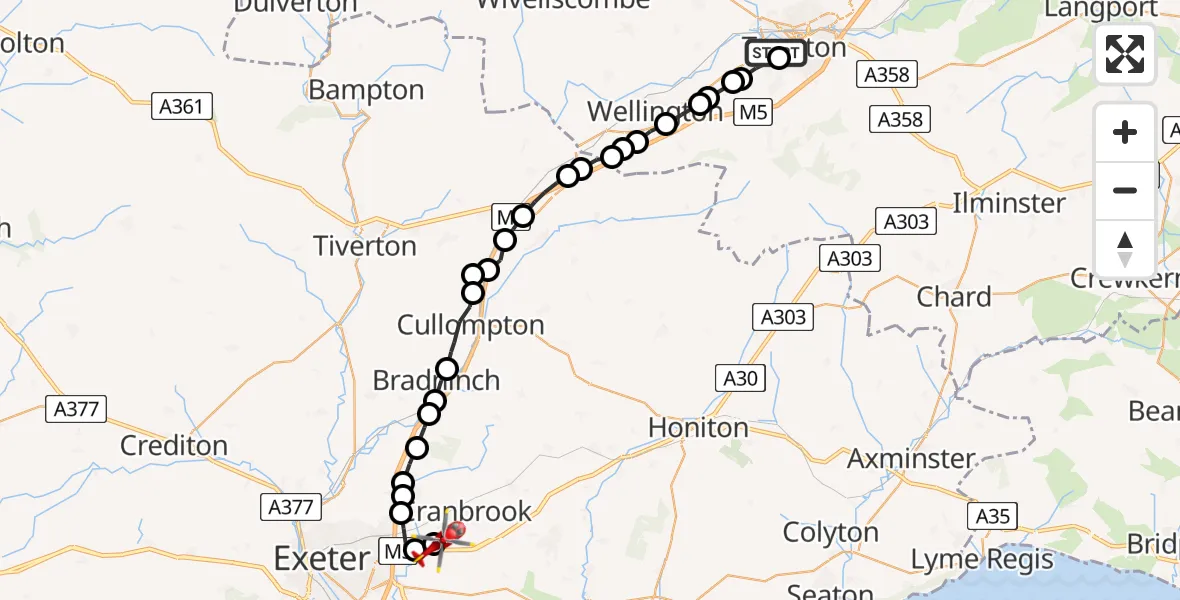 Flight route Air Ambulance Helicopter Musgrove Hospital - Exeter International Airport, 24 May 2026, 20:19