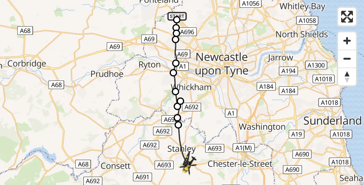 Flight route Police Helicopter Newcastle International Airport - Stanley, 24 May 2026, 20:27