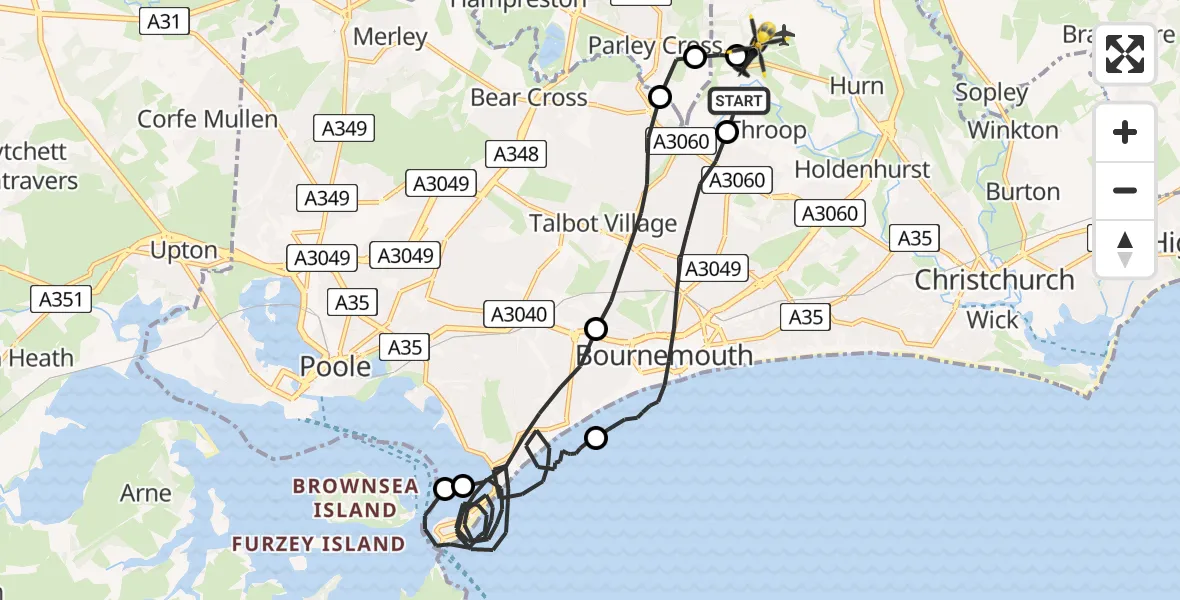 Flight route Police Helicopter Hurn - Bournemouth Airport, 24 May 2026, 20:33
