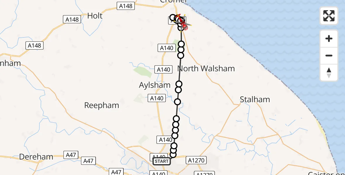 Flight route Air Ambulance Helicopter Norwich Airport - Northrepps Aerodrome, 24 May 2026, 20:33