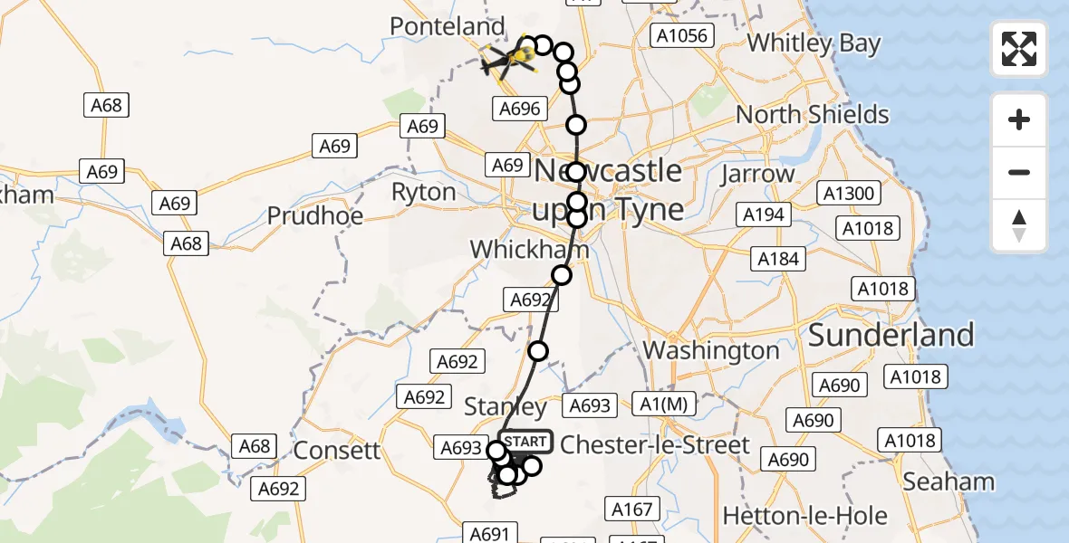 Flight route Police Helicopter Stanley - Newcastle International Airport, 24 May 2026, 20:41