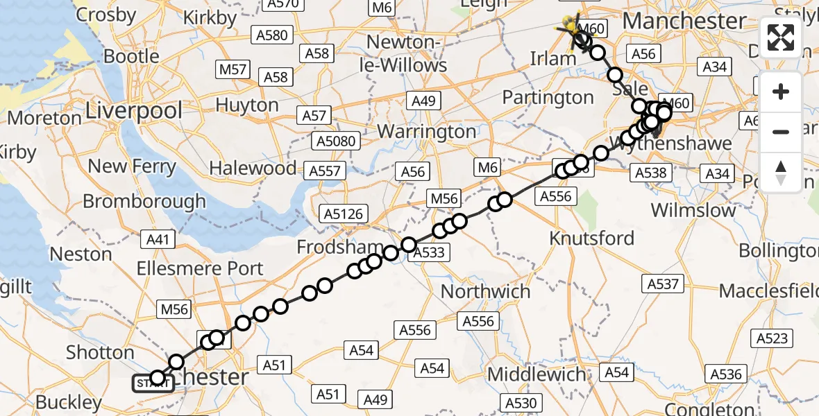 Flight route Police Helicopter Hawarden Airport - Irlam, 24 May 2026, 20:50