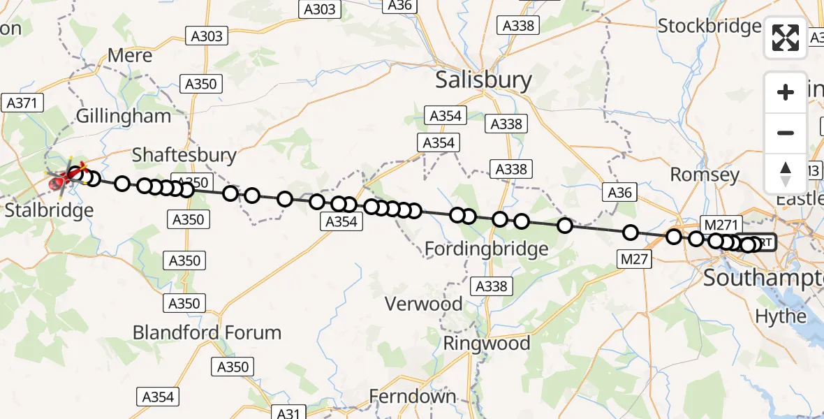 Flight route Air Ambulance Helicopter University Hospital Southampton - Henstridge Airfield, 24 May 2026, 20:51