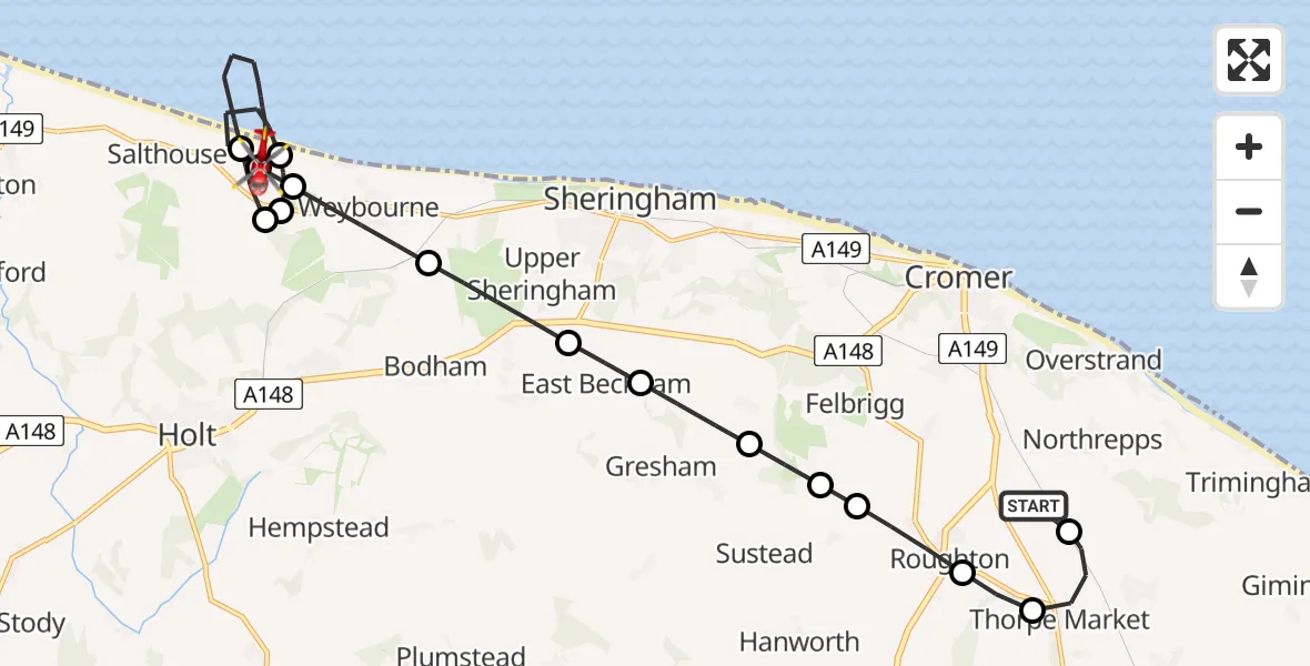 Flight route Air Ambulance Helicopter Northrepps Aerodrome - Salthouse, 24 May 2026, 20:56
