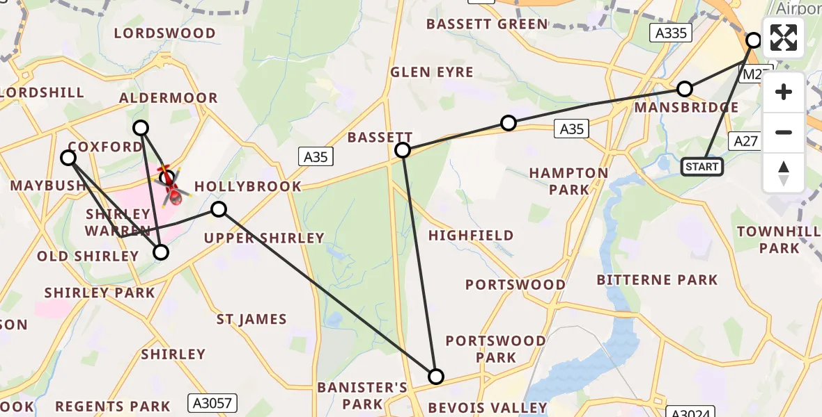 Flight route Air Ambulance Helicopter Mansbridge - University Hospital Southampton, 24 May 2026, 21:03
