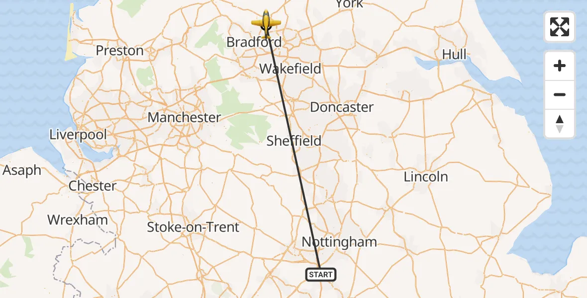 Flight route Police Aircraft Long Whatton - Leeds Bradford Airport, 24 May 2026, 21:03