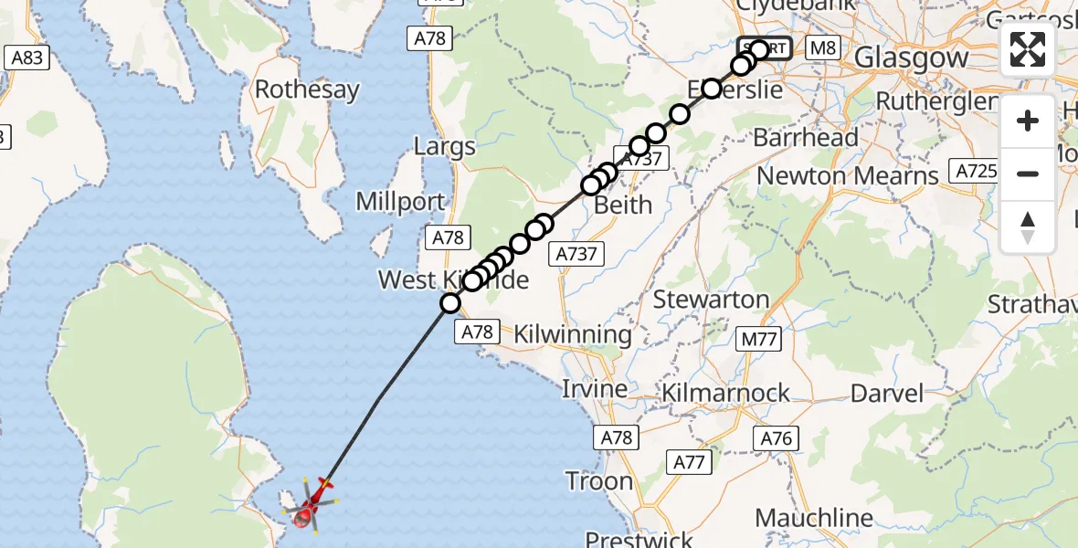 Flight route Air Ambulance Helicopter Glasgow Airport - Inner Seas, 24 May 2026, 21:07