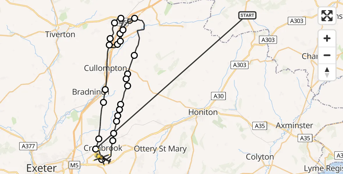 Flight route Police Helicopter Fyfett - Rockbeare, 24 May 2026, 21:10