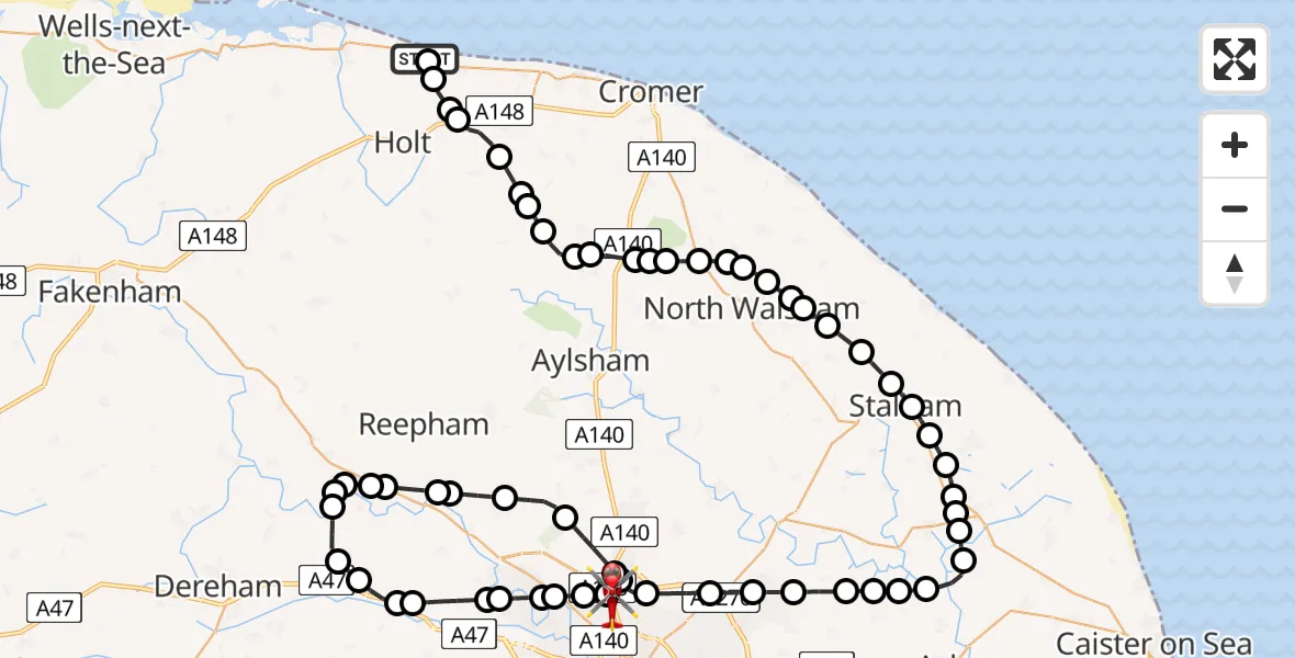 Flight route Air Ambulance Helicopter Salthouse - Norwich Airport, 24 May 2026, 21:19