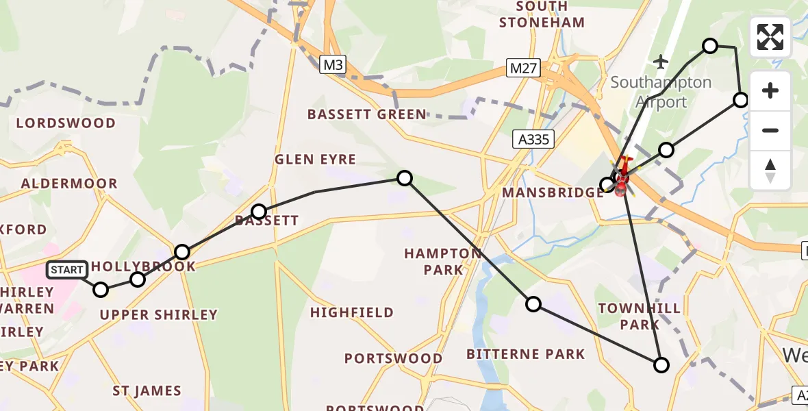 Flight route Air Ambulance Helicopter University Hospital Southampton - Mansbridge, 24 May 2026, 21:24