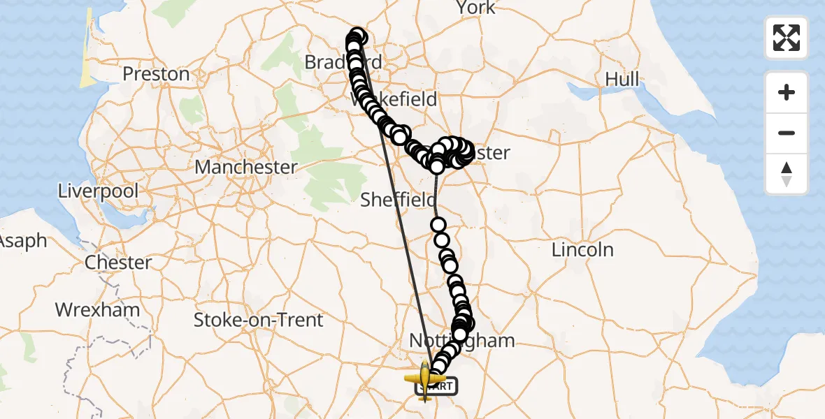 Flight route Police Aircraft Long Whatton - East Midlands Airport, 24 May 2026, 21:30