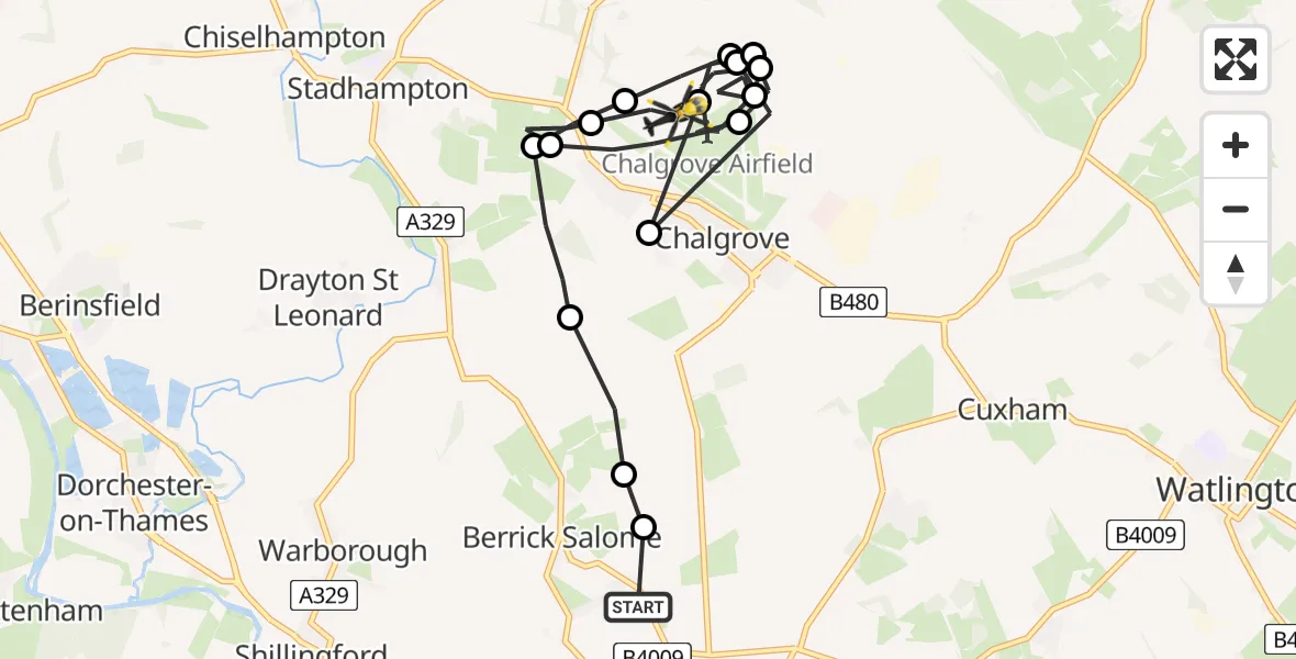 Flight route Police Helicopter Berrick Salome - Chalgrove Airfield, 24 May 2026, 21:30