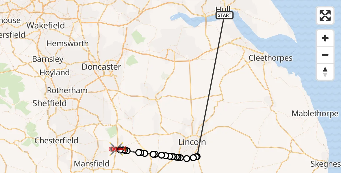 Flight route Air Ambulance Helicopter North Sea - Ollerton, 24 May 2026, 21:44