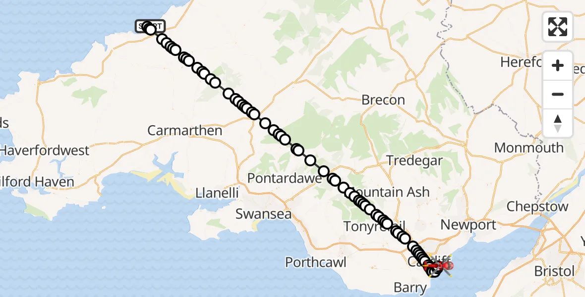 Flight route Air Ambulance Helicopter Llangrannog - Cardiff Heliport, 24 May 2026, 21:45