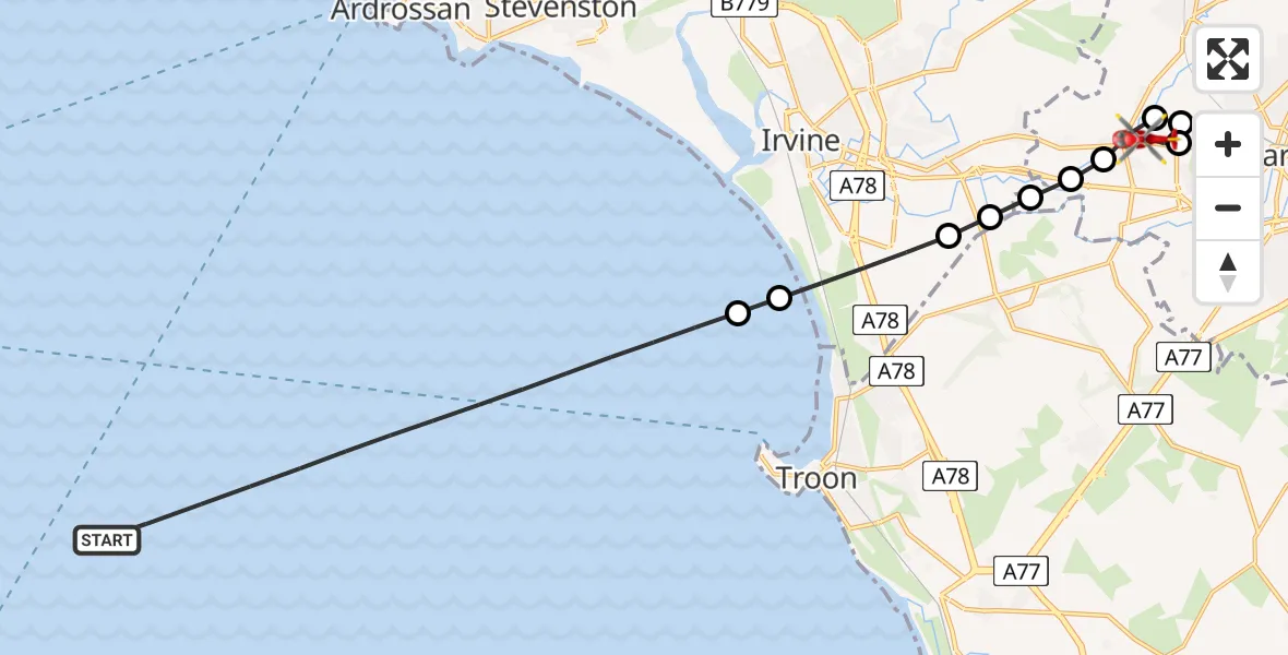 Flight route Air Ambulance Helicopter Inner Seas - Crosshouse, 24 May 2026, 21:55