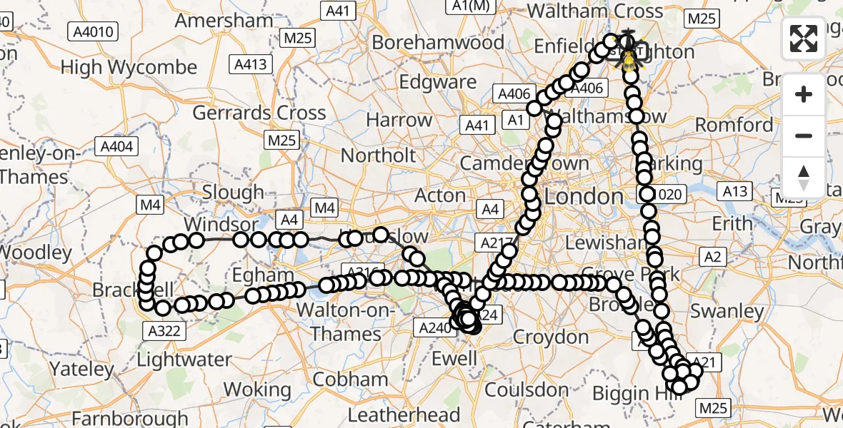 Flight route Police Helicopter Metropolitan Police Air Support Unit Lippitts Hill - Sewardstonebury, 24 May 2026, 21:57
