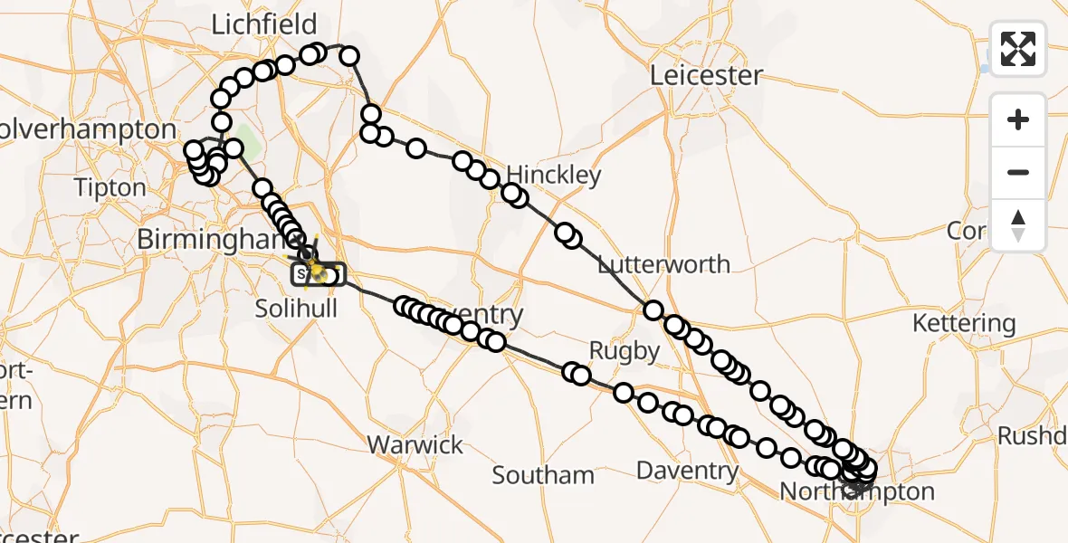 Flight route Police Helicopter Birmingham Airport - Birmingham Airport, 24 May 2026, 21:57