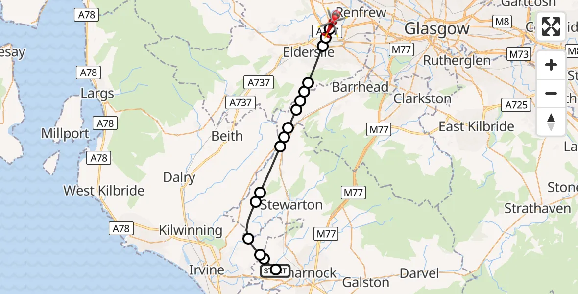 Flight route Air Ambulance Helicopter Crosshouse University Hospital - Glasgow Airport, 24 May 2026, 22:16