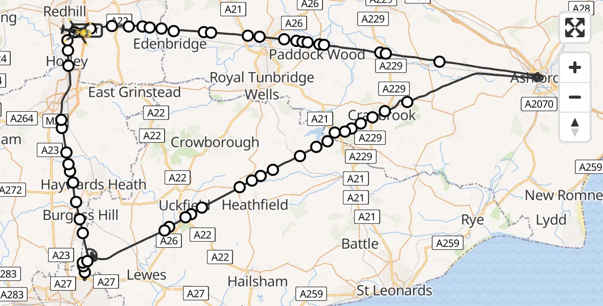 Flight route Police Helicopter South Nutfield - Redhill Aerodrome, 24 May 2026, 22:36