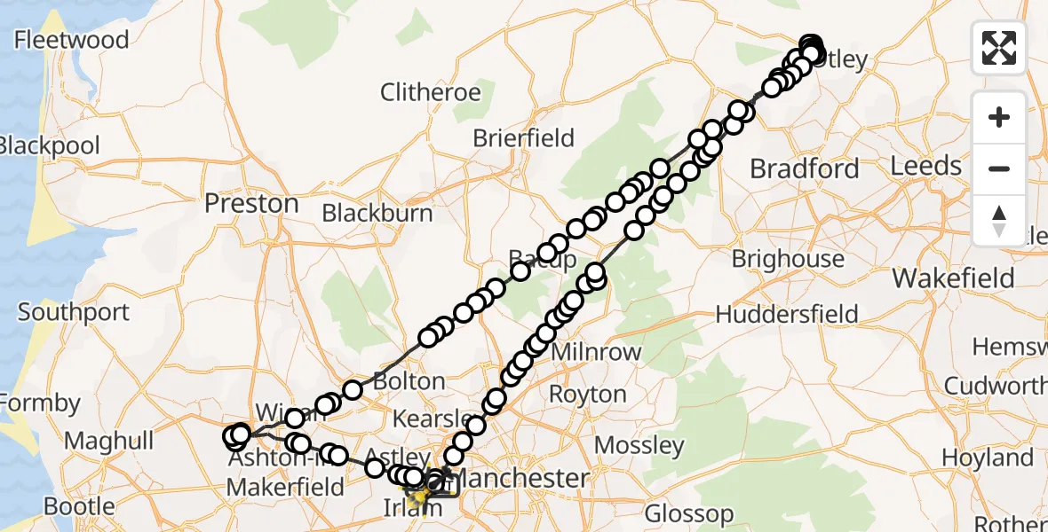 Flight route Police Helicopter Manchester Barton Aerodrome - Manchester Barton Aerodrome, 24 May 2026, 22:38