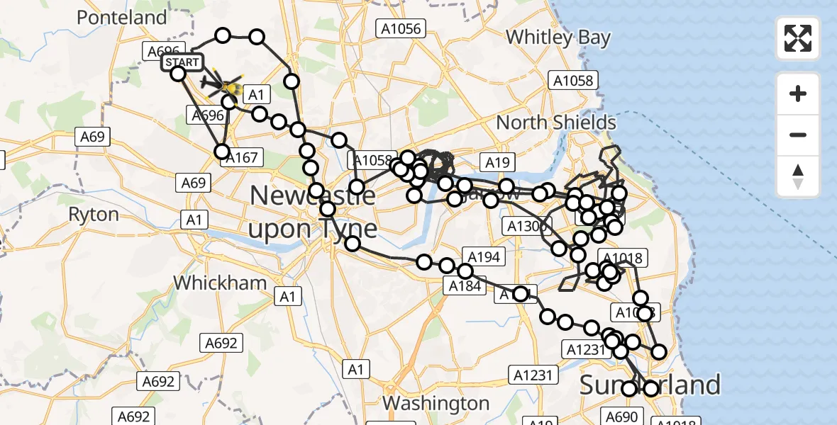 Flight route Police Helicopter Newcastle International Airport - Woolsington, 24 May 2026, 22:39