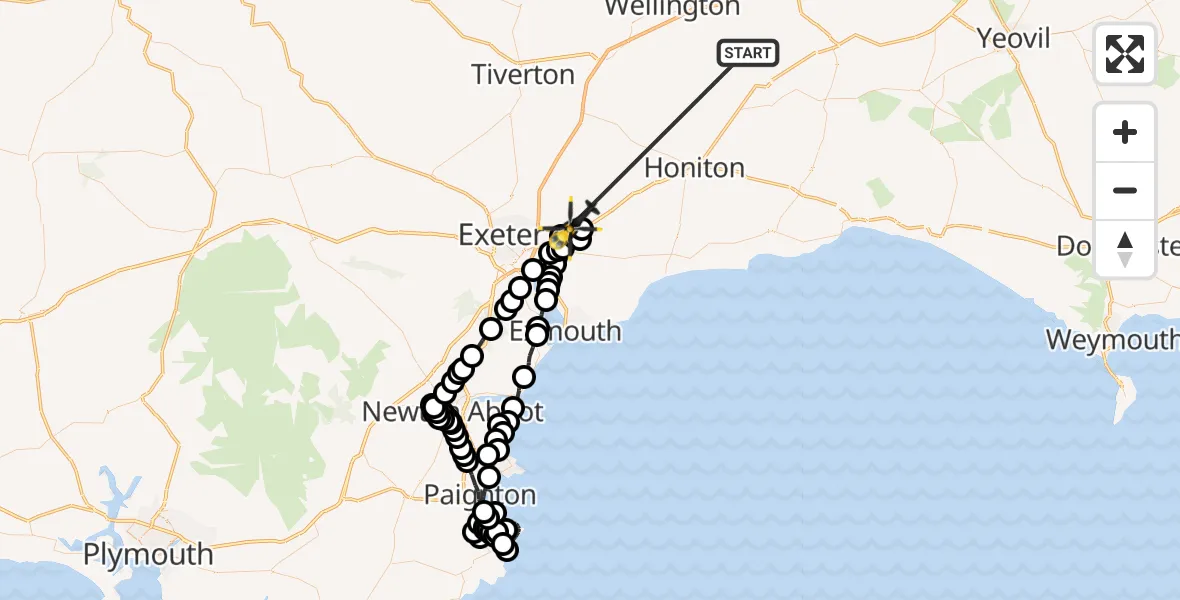 Flight route Police Helicopter Fyfett - Exeter International Airport, 24 May 2026, 22:40