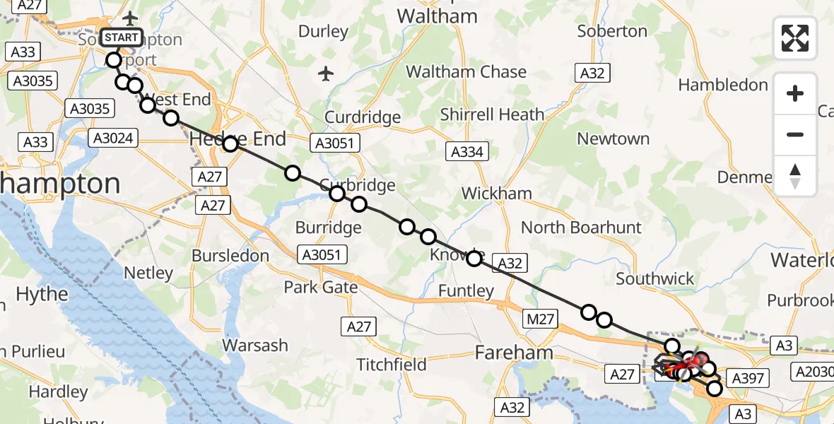 Flight route Air Ambulance Helicopter Southampton Airport - Port Solent, 24 May 2026, 22:58