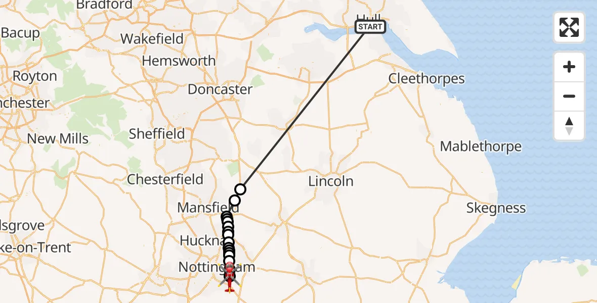 Flight route Air Ambulance Helicopter North Sea - Nottingham City Airport, 24 May 2026, 23:21