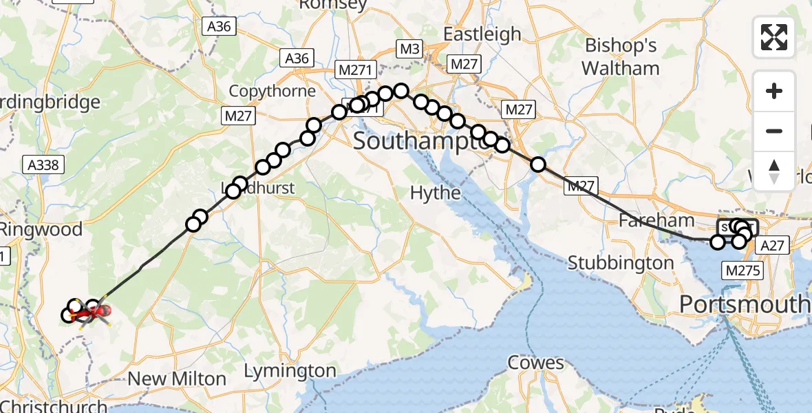 Flight route Air Ambulance Helicopter Paulsgrove - Bransgore, 24 May 2026, 23:34