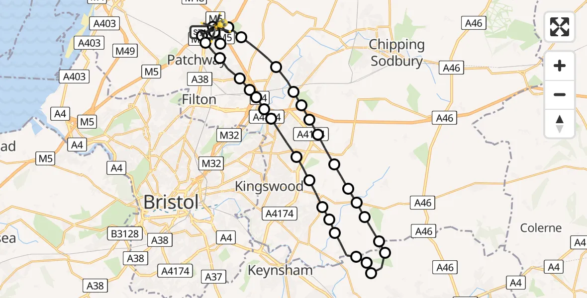 Flight route Police Helicopter Almondsbury Helicopter Base - Almondsbury Helicopter Base, 24 May 2026, 23:45