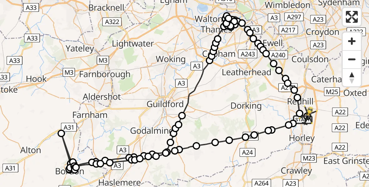 Flight route Police Helicopter Salfords - Redhill Aerodrome, 25 May 2026, 00:13