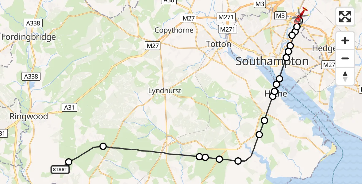 Flight route Air Ambulance Helicopter Bransgore - Southampton Airport, 25 May 2026, 00:28