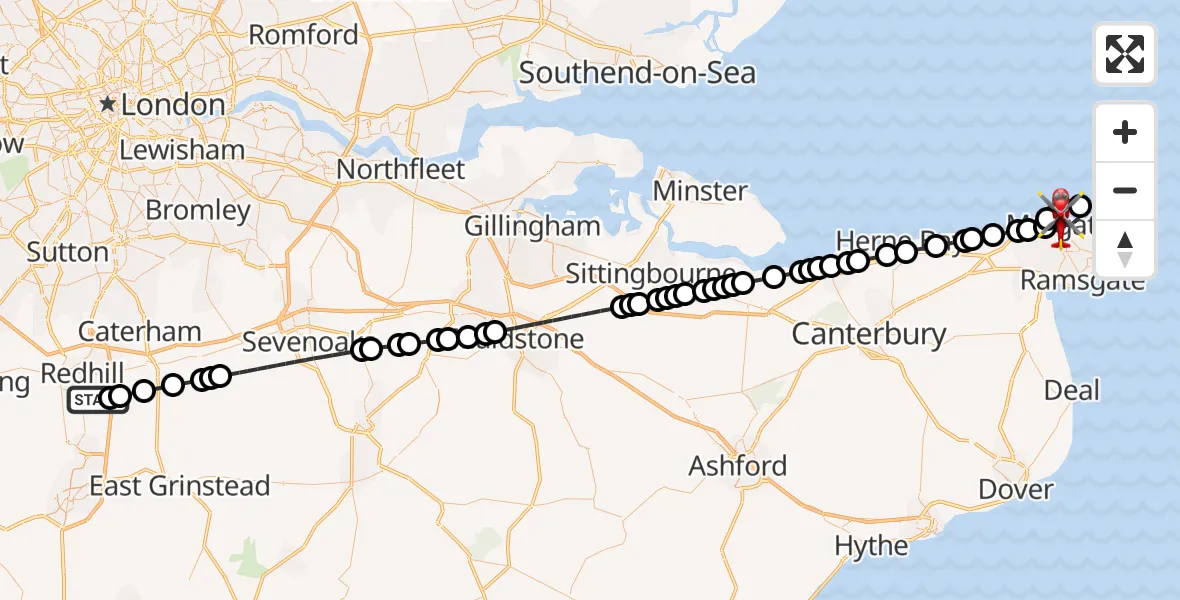 Flight route Air Ambulance Helicopter Redhill Aerodrome - Margate, 25 May 2026, 00:30