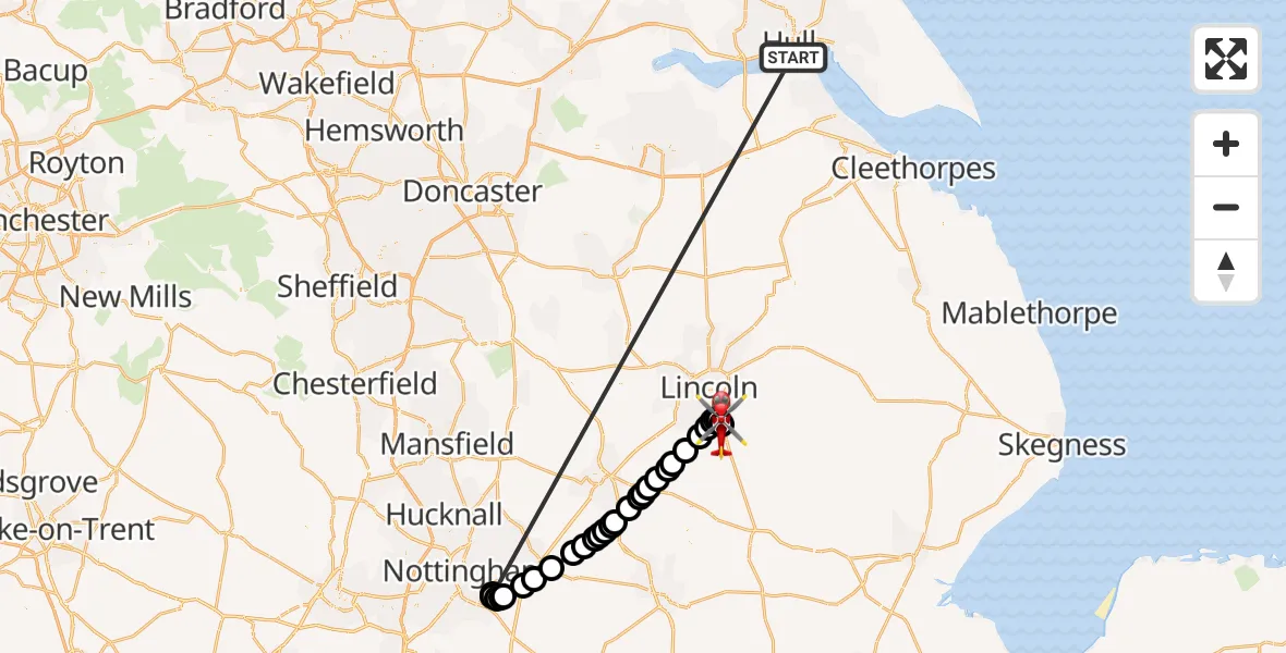 Flight route Air Ambulance Helicopter North Sea - North Kesteven, 25 May 2026, 00:48
