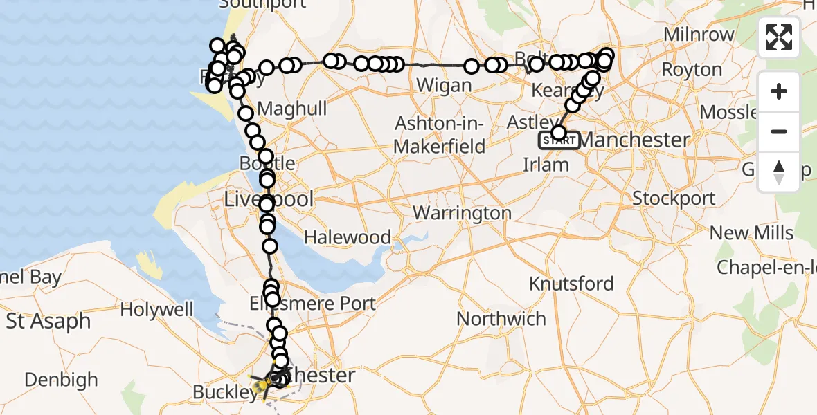 Flight route Police Helicopter Worsley - Sandycroft, 25 May 2026, 00:54