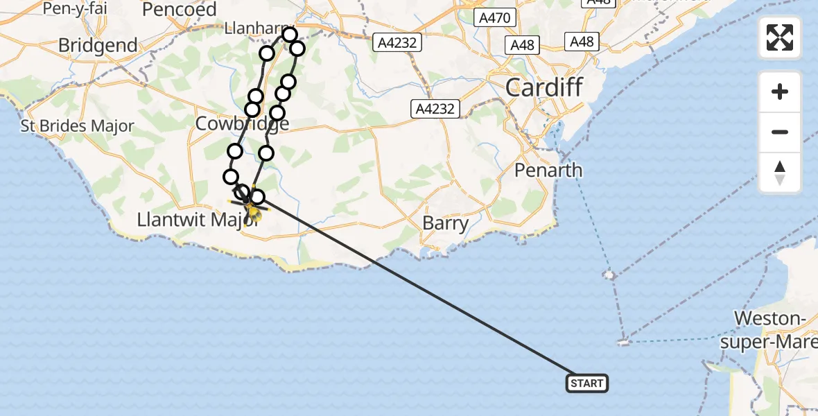 Flight route Police Helicopter Bristol Channel - Eglwys Brewis, 25 May 2026, 01:10