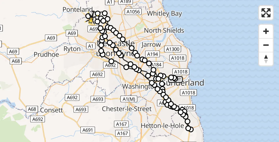 Flight route Police Helicopter Pallion - Newcastle International Airport, 25 May 2026, 02:14