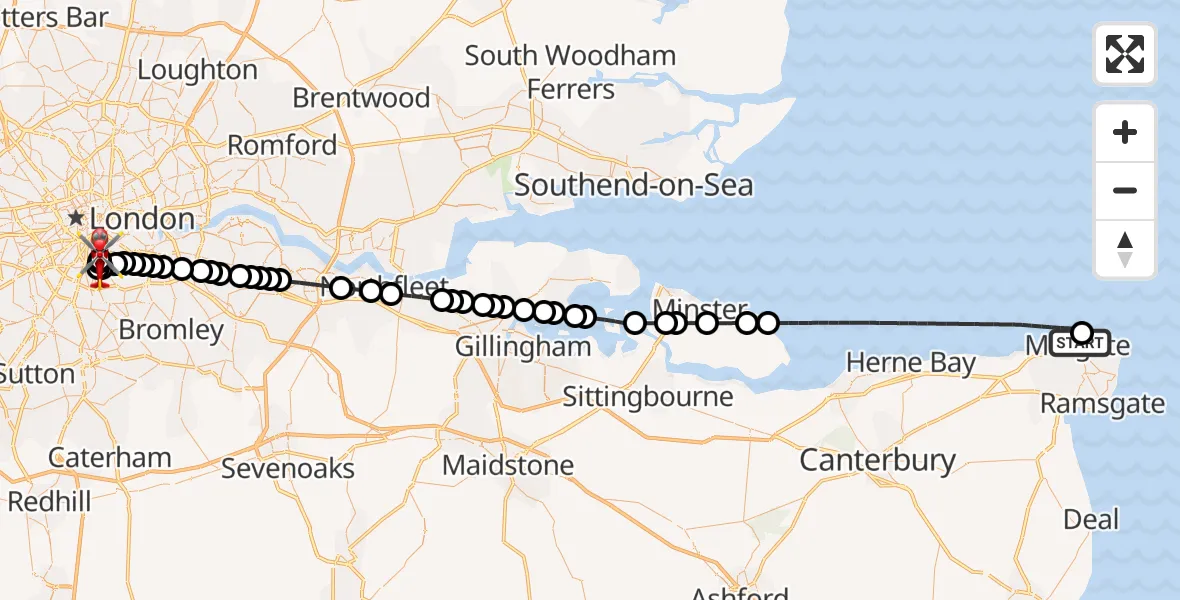 Flight route Air Ambulance Helicopter Margate - Kings College London Hospital, 25 May 2026, 02:21