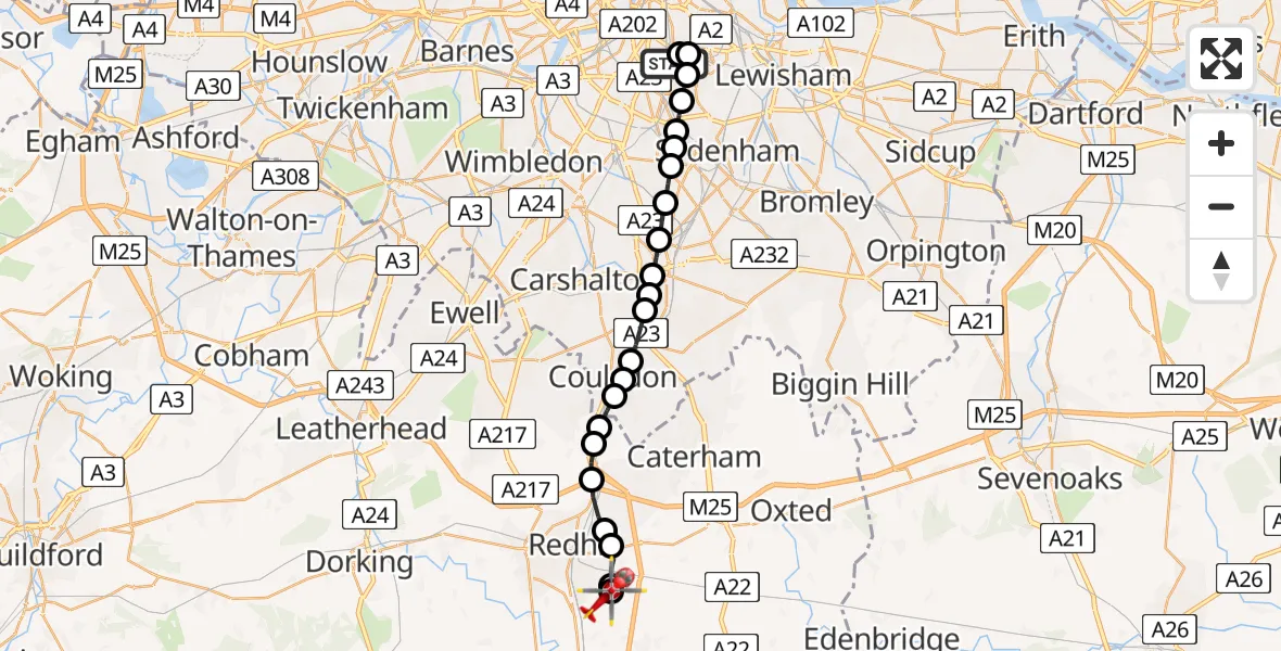 Flight route Air Ambulance Helicopter Kings College London Hospital - Redhill Aerodrome, 25 May 2026, 03:48