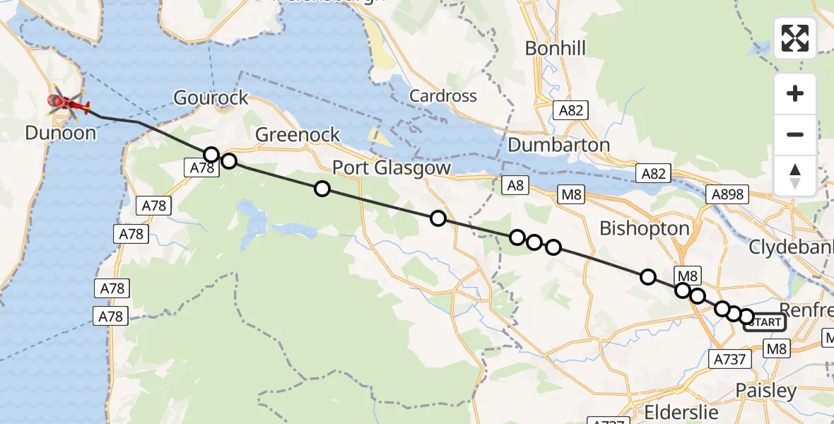 Flight route Air Ambulance Helicopter Glasgow Airport - Inner Seas, 25 May 2026, 05:13