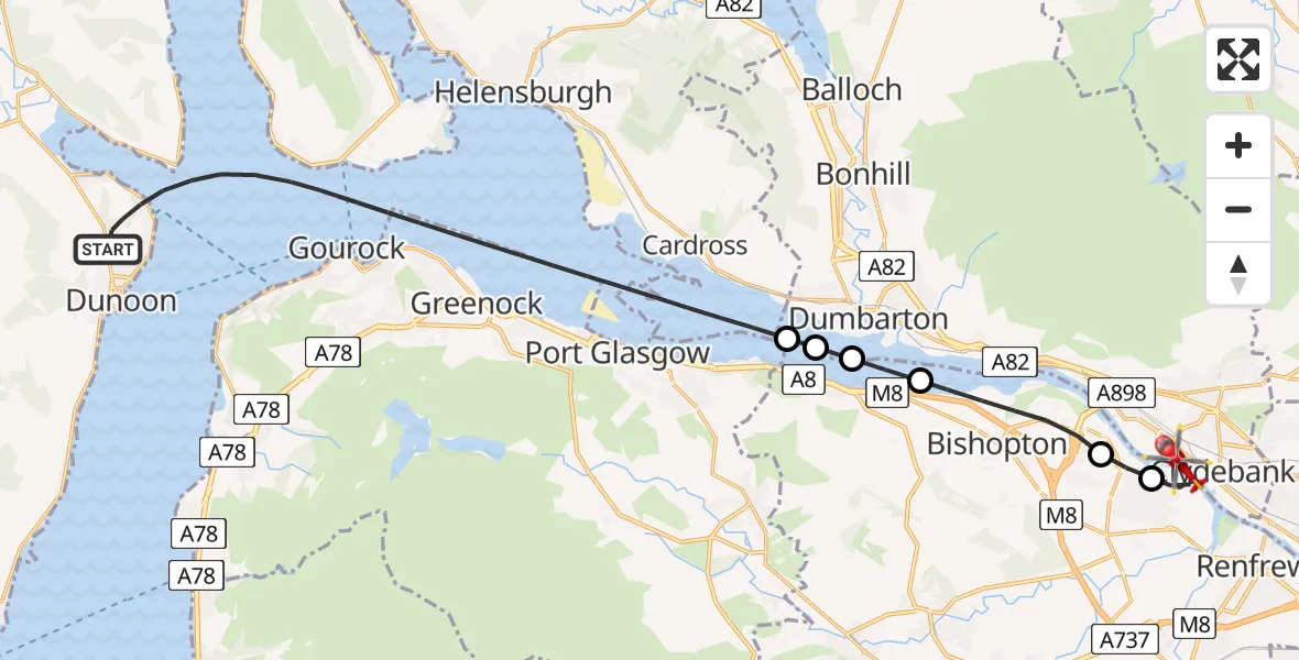 Flight route Air Ambulance Helicopter Inner Seas - Golden Jubilee Hospital, 25 May 2026, 06:01