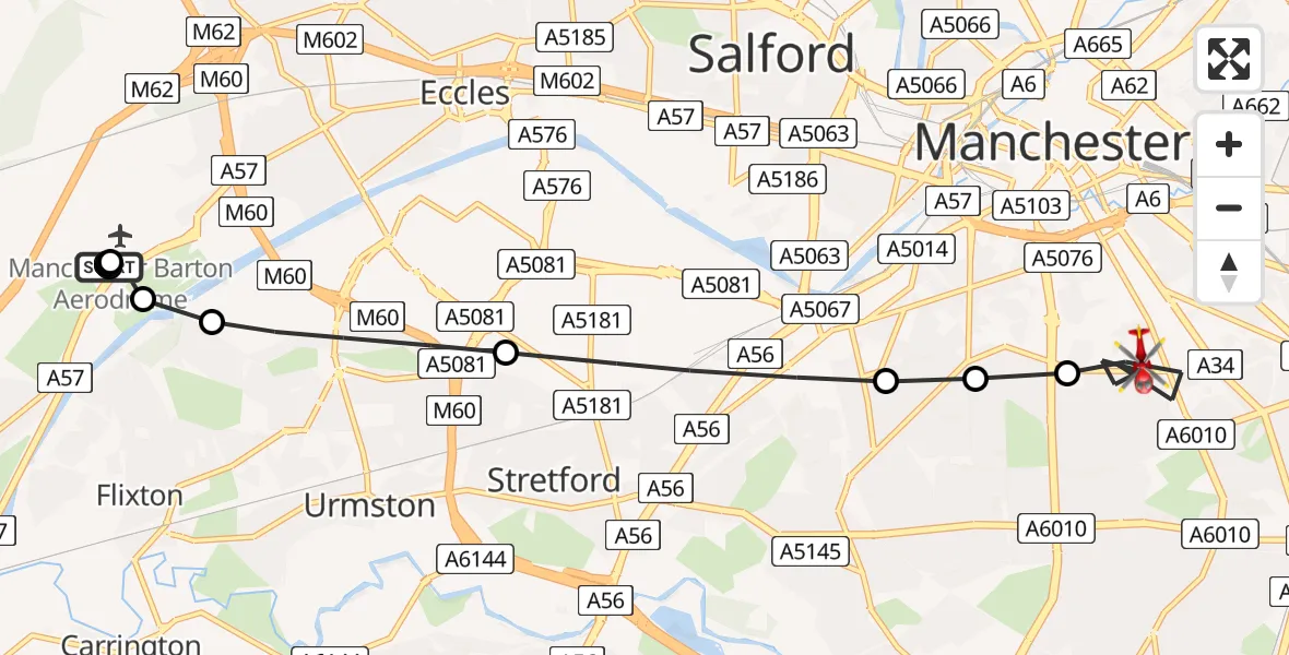 Flight route Air Ambulance Helicopter Manchester Barton Aerodrome - Chorlton-on-Medlock, 25 May 2026, 06:39